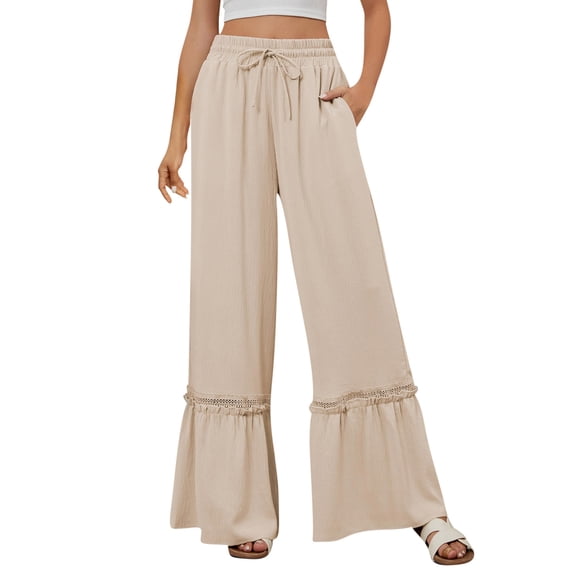 Levmjia Womens Casual Pants High Waist Wide Leg Comfortable Stretchy Soft Cotton Linen Blend Solid Color Pants for Spring Fall Home Office Travel Plus Size S-XXXL