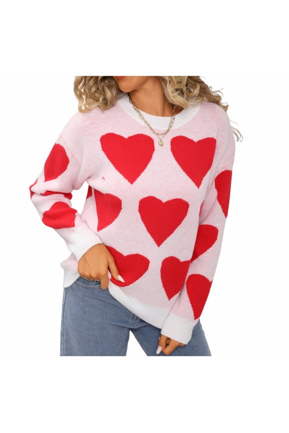 Womens Casual Sweater Long Sleeve Love Pattern Round Neck Pullover Soft Acrylic Knit Top Cozy Loose Fit Blouse For Fall Winter Daily Wear