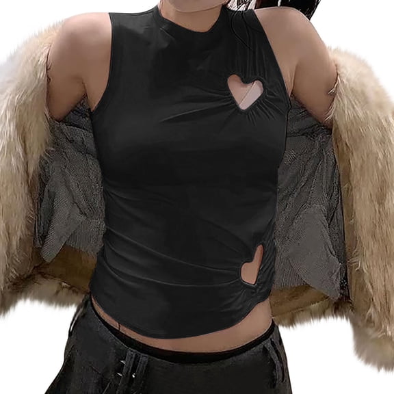 Levmjia Womens Casual Tops Sleeveless Love Hollow Tunic Shirts Solid Color Round Neck Blouse With Heart Cutout Pleated Design Basic Blouse Party Vacation