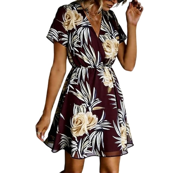 Levmjia Womens Chiffon Boho Chic Dress Floral Print V Neck Flowy Polyester Short Sleeve Knee Length Dress Casual Summer Vacation Beach Party