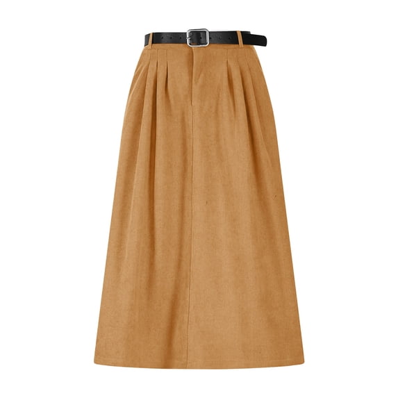 Levmjia Womens Corduroy Midi Skirt Solid Color Casual Belted A-Line Flowing Elegant Skirt Versatile Work Vacation Fall Spring