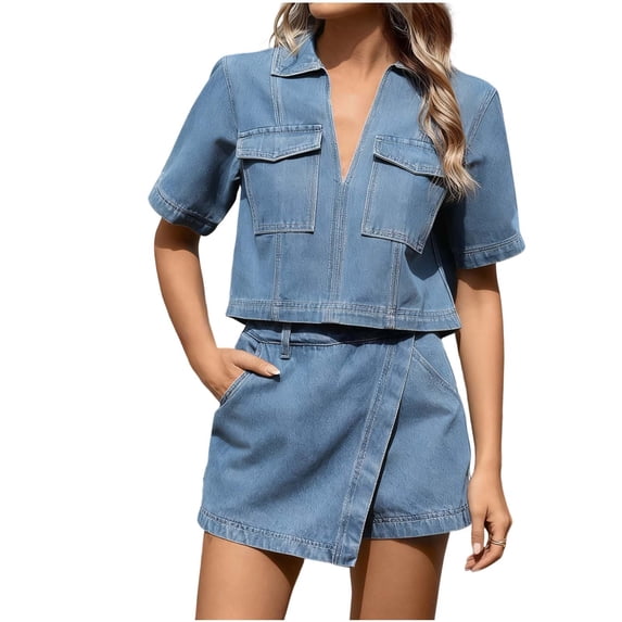 Levmjia Womens Denim Set Casual Summer Outfit V Neck Top Irregular Hem and Skirt Set With Pocket Two Piece Set Comfortable Loose Fit Home Daily Wear
