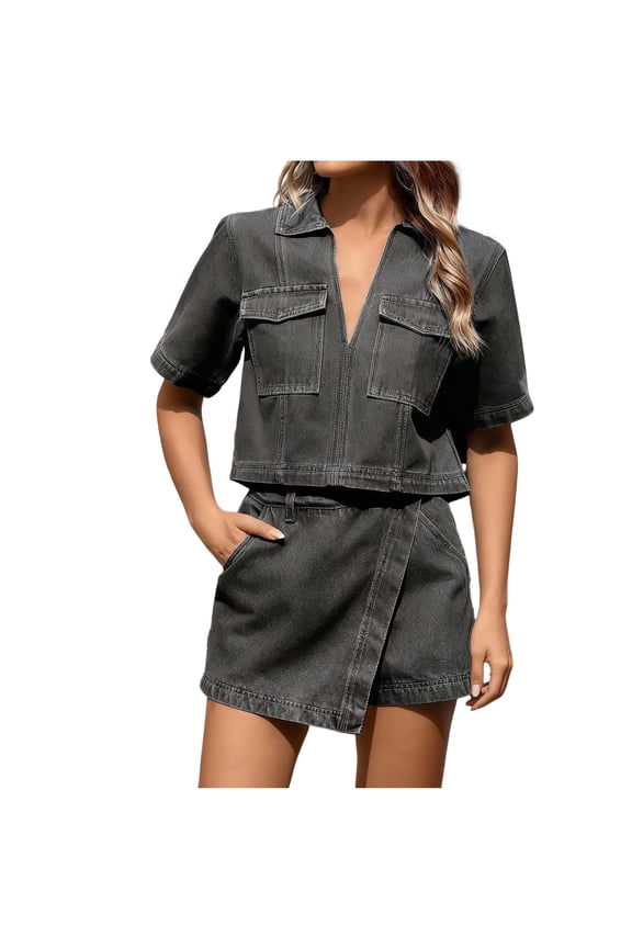 Womens Denim Set Casual Summer Outfit V Neck Top Irregular Hem and Skirt Set With Pocket Two Piece Set Comfortable Loose Fit Home Daily Wear