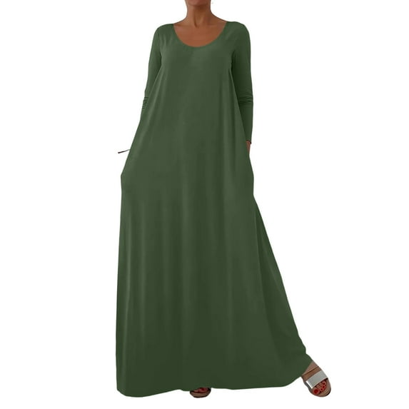 Levmjia Womens Dress Casual Long Sleeve Plus Size Round Neck Solid Color With Pocket Comfortable Breathable Loose Fit Maxi Home Wear