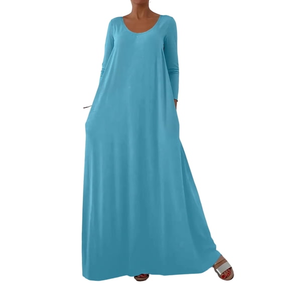Levmjia Womens Dress Casual Long Sleeve Plus Size Round Neck Solid Color With Pocket Comfortable Breathable Loose Fit Maxi Home Wear