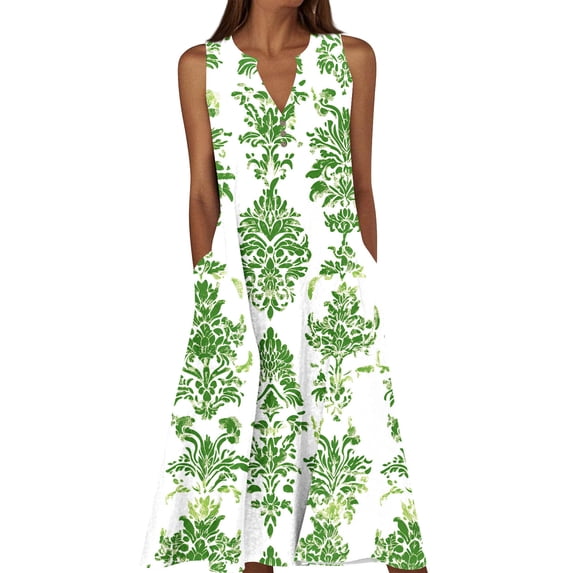 Levmjia Womens Dress Casual V Neck Sleeveless Printed Flowy Ruffle Dress Lightweight Comfortable Vacation Beach Party Dress Summer