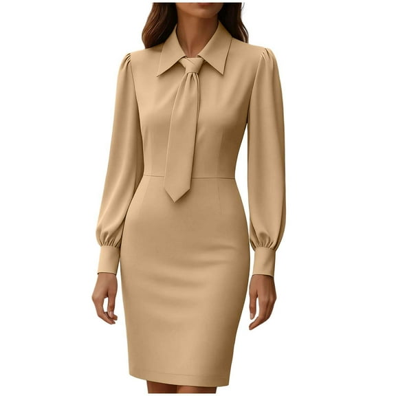 Levmjia Womens Dress Solid Color Long Sleeve Tunic Slim Lapel Knee-Length Casual Polyester Work Office Elegant Comfortable Commuting Outfit