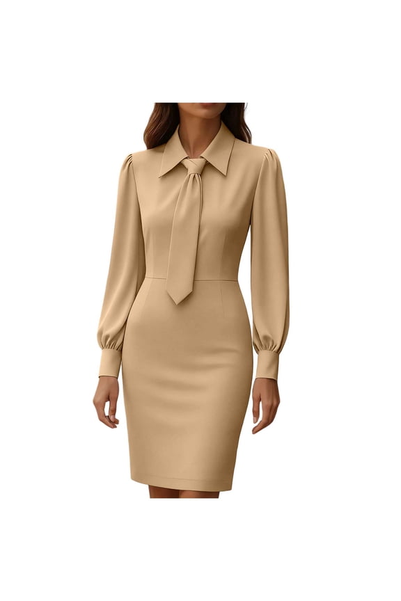Womens Dress Solid Color Long Sleeve Tunic Slim Lapel Knee-Length Casual Polyester Work Office Elegant Comfortable Commuting Outfit
