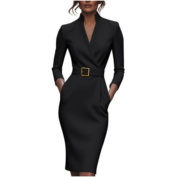 Levmjia Womens Dress Solid Color V-Neck Tunic With Belt Knee Length Long Sleeve Casual Polyester Work Office Elegant Comfortable Commuting Outfit