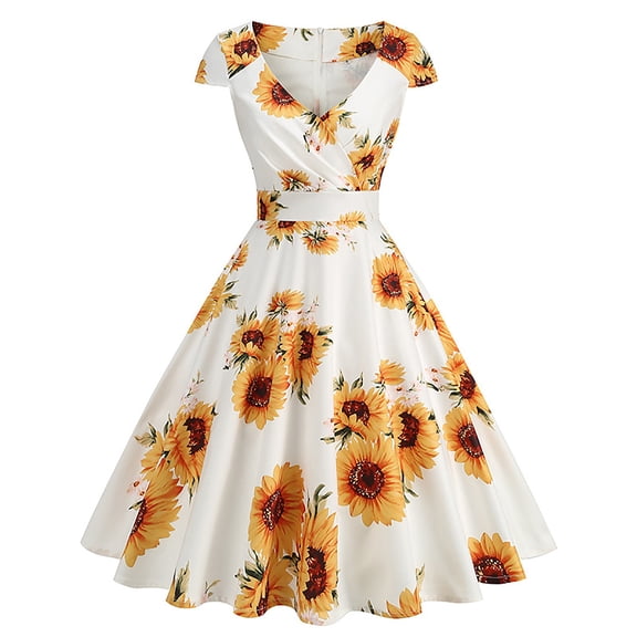 Levmjia Womens Dress V Neck Short Sleeve Floral Printed Casual Loose Fit Cotton Beach Vacation Sun Party Daily Wear Spring Summer