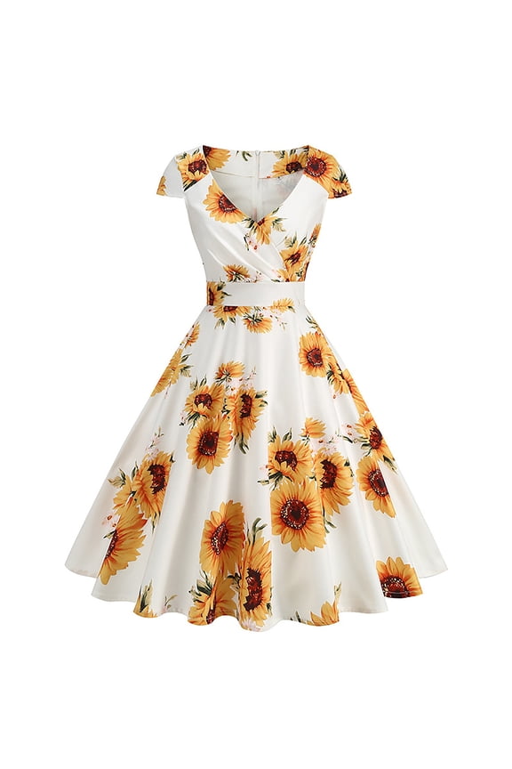 Womens Dress V Neck Short Sleeve Floral Printed Casual Loose Fit Cotton Beach Vacation Sun Party Daily Wear Spring Summer
