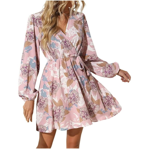 Levmjia Womens Dress V Neck Floral Print Autumn Long Sleeve Casual Lace Up Polyester Knee Length Vacation Beach Office Work Wear Multiple Colors Available