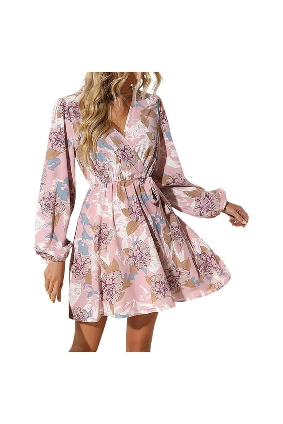 Womens Dress V Neck Floral Print Autumn Long Sleeve Casual Lace Up Polyester Knee Length Vacation Beach Office Work Wear Multiple Colors Available