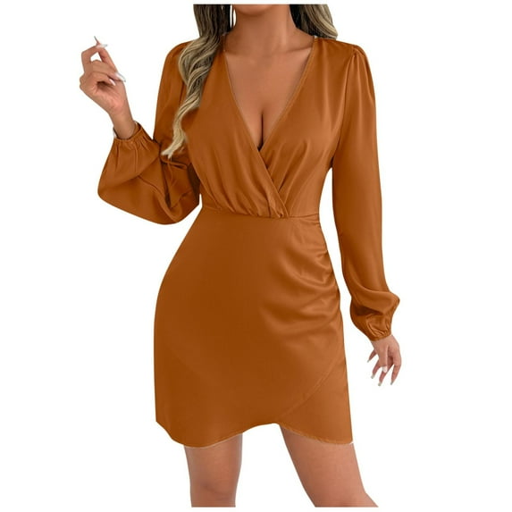 Levmjia Womens Dress V Neck Satin Long Sleeve Tunic Tiered Ruffle Solid Color Elegant Casual Semi Formal Comfortable Polyester Party Vacation Outfits