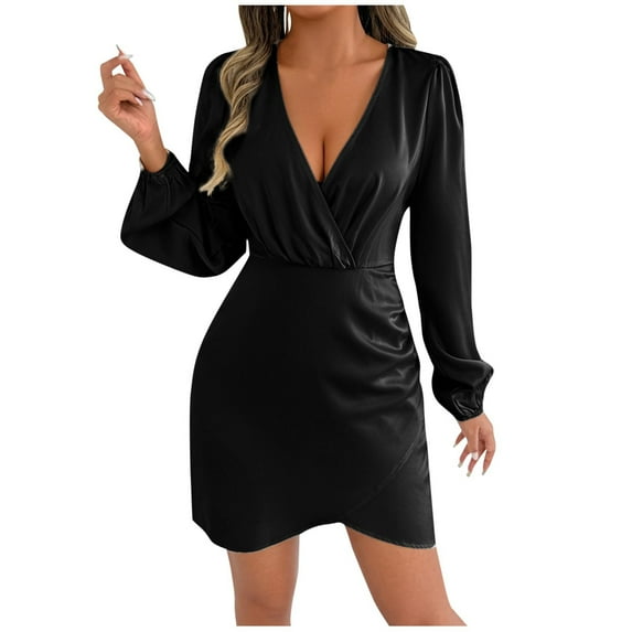 Levmjia Womens Dress V Neck Satin Long Sleeve Tunic Tiered Ruffle Solid Color Elegant Casual Semi Formal Comfortable Polyester Party Vacation Outfits