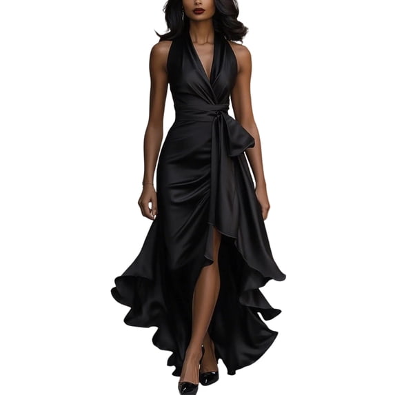 Levmjia Womens Dress V Neck Sleeveless Solid Color Casual Summer Ruffle Hem Lightweight Polyester Elegant Comfortable Vacation Party