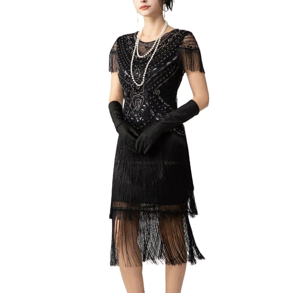 Levmjia Womens Dress Vintage Sequin Round Neck Short Sleeve Fringe Party Dress Round Neck Short Sleeve Tiered Tassel Mesh Cocktail