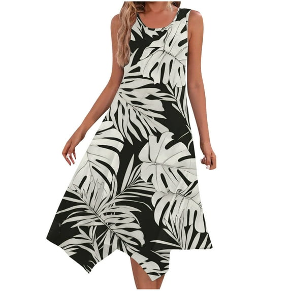 Levmjia Womens Dresses Sleeveless Round Neck Flowy Summer Casual Sun Dress Polyester Floral Print Beach Vacation Dress Multi Colors