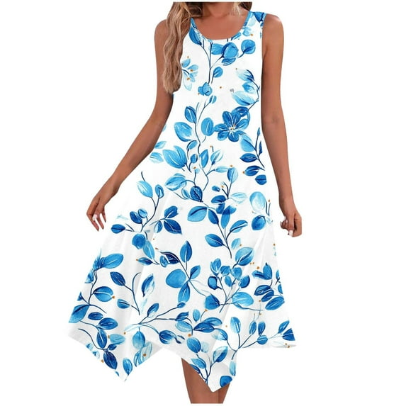 Levmjia Womens Dresses Sleeveless Round Neck Flowy Summer Casual Sun Dress Polyester Floral Print Beach Vacation Dress Multi Colors