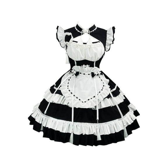 Levmjia Womens Dresses Solid Color Round Neck Cute Maid Outfit Role Playing Fluffy Skirt Loose Fit Short Sleeve Casual Comfortable Dress