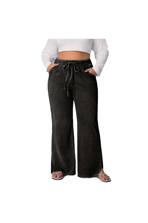 Womens Fashion Pants Casual Wide Leg Plus Size Denim High Waisted Stretch With Side Slits And Pockets Plus Size Comfortable Trousers Everyday Wear