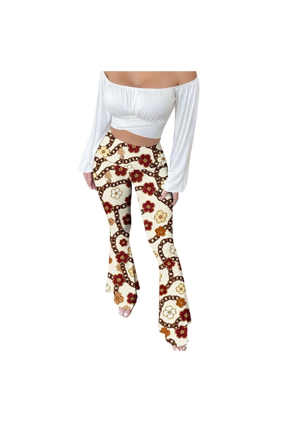 Womens Flared Pants Vintage Modern Printed Slim High Waisted Casual Soft Stretchy Comfort Fit For Yoga Home Wear All Season Long Trousers