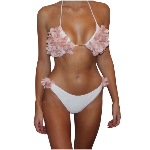 Levmjia Womens Floral Lace Lingerie Set Halter Tie Bralette With Side Ruffle Brief Adjustable Neck Ties Soft Breathable Lace Beach Wear Casual Romantic Date Night Fashion