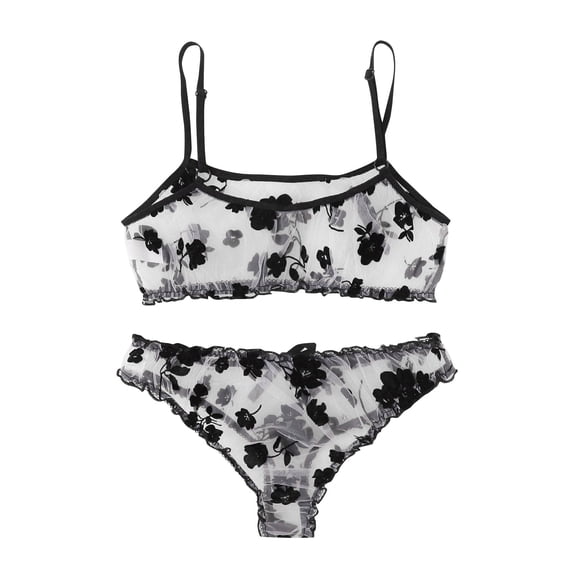 Levmjia Womens Floral Mesh Lingerie Set Wireless Spaghetti Strap Floral Print Bralette With Matching High Cut Thong Adjustable Thin Straps Lightweight Romantic Date Night
