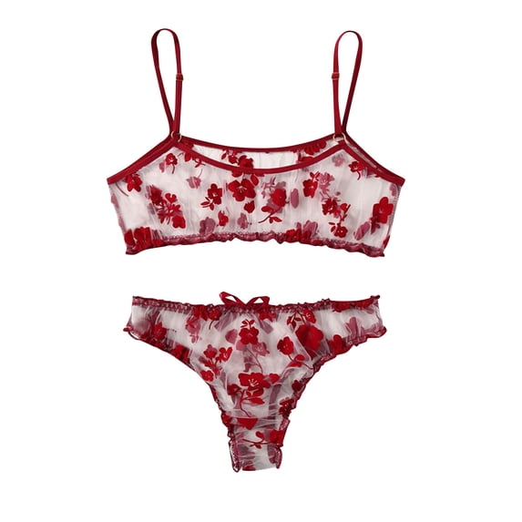 Levmjia Womens Floral Mesh Lingerie Set Wireless Spaghetti Strap Floral Print Bralette With Matching High Cut Thong Adjustable Thin Straps Lightweight Romantic Date Night