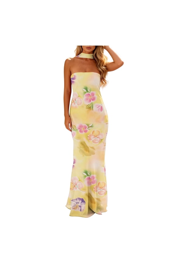 Womens Floral Print Halter Maxi Dress Strapless Bodycon Flowy Lightweight Breathable Sleeveless Summer Dress For Beach Vacations And Formal Events