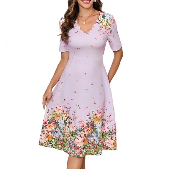 Levmjia Womens Floral Print Midi Dress V Neck A Line Short Sleeve Cocktail Fashion Summer Party Dress Elegant Flowy And Flare