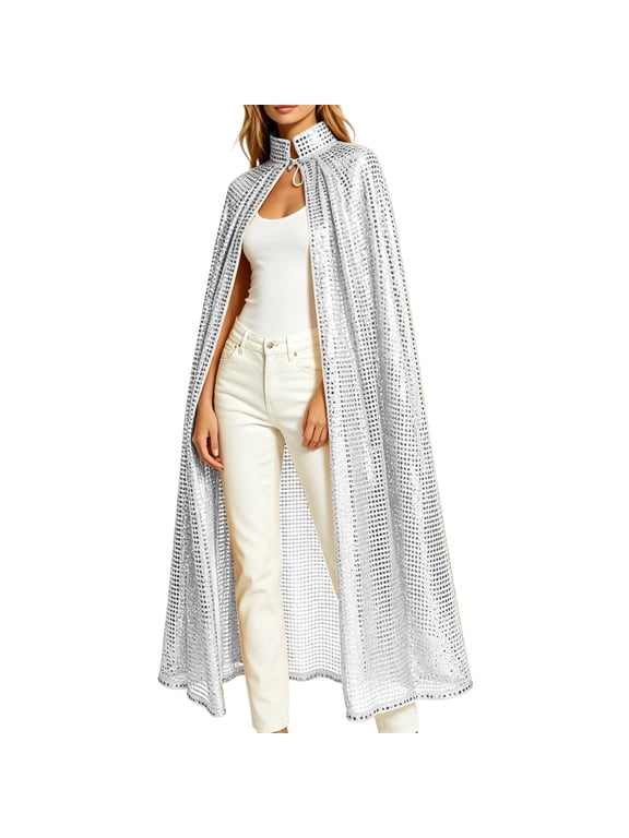 Womens Full Length Sequin Cloak Cape Shiny Sparkling Solid Color Lightweight Open Front Robe Halloween Party Carnival Performance Party Dress Up Events