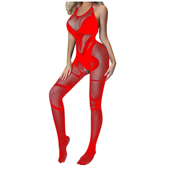 Levmjia Womens Halter Lace Bodystocking One Piece Lingerie Set Open Back Floral Mesh Nightwear Date Nights Solid Color Full Body Bodysuit Stretchy Soft