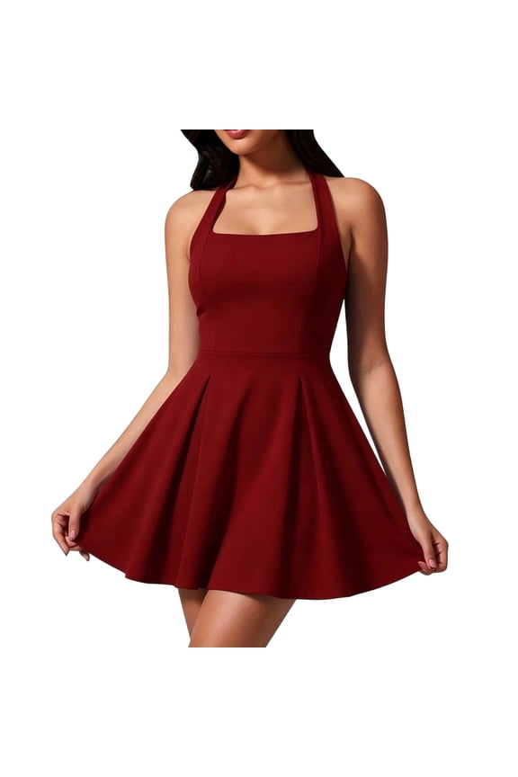 Womens Halter Neck A Line Mini Dress Sleeveless Backless Fit And Flare Skater Dress Solid Color Slim Waist Casual Summer Party Dress For Night Out And Vacation Wear