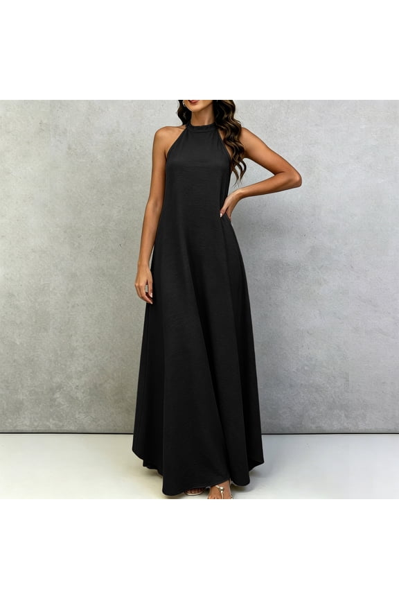 Womens Halter Neck Maxi Dress Solid Color Silk A Line Flowy Sleeveless Long Dress Breathable Lightweight Casual Sundress For Beach Vacation And Summer Parties