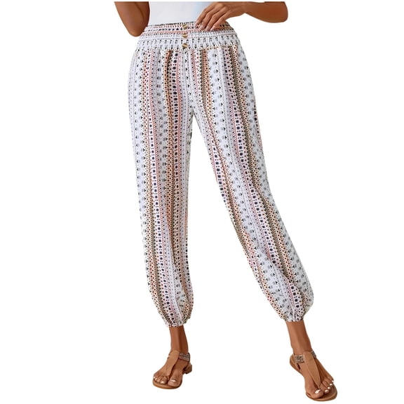 Levmjia Womens High Waist Printed Pants Summer Loose Casual Polyester Pants with 4 Way Stretch for Home Daily Wear Comfortable Breathable S-XXL