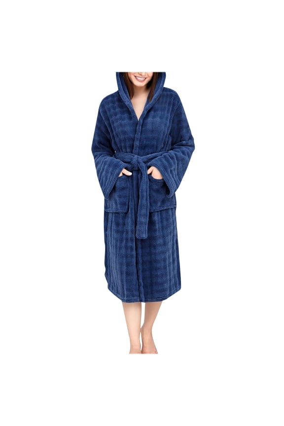 Womens Hooded Bathrobe Thickened Coral Velvet Lace-Up Robe Absorbent Soft Long Sleeve Nightgown For Home Spa Sleep Winter Comfort