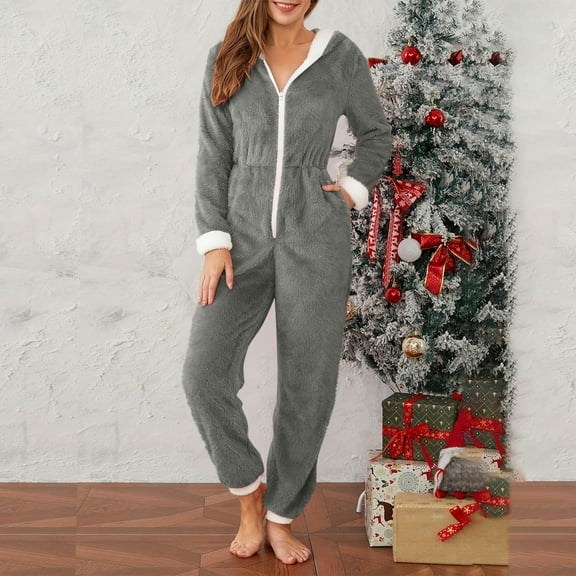 Levmjia Womens Hooded Jumpsuit Pants Set Long Sleeve Soft Solid Color Plush Long Sleeve Zipper Hooded With Pocket For Home Sleepwear Comfortable Casual Winter Pajamas