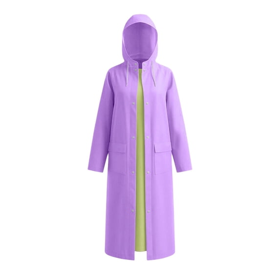 Levmjia Womens Hooded Long Raincoat Solid Color Waterproof Windproof Loose Fit Full Length Rain Outerwear Outdoor Rainy Weather