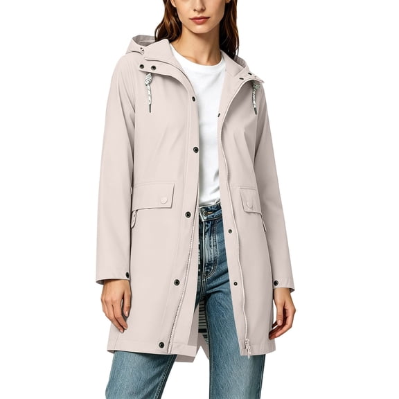 Levmjia Womens Hooded Rain Jacket Water Resistant Zip Up Long Sleeve Pocket Mid Length Windbreaker Leisure Spring Autumn Outdoor Daily Protective Casual Outerwear