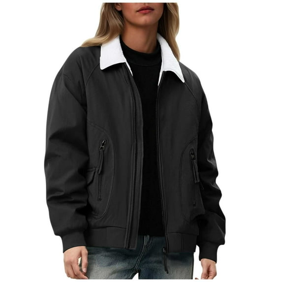 Levmjia Womens Jacket Long Sleeve Pure Color Turtleneck Zippered Pockets Outdoor Warm Winter Coat Casual Loose Fit Polyester Top For Travel Work