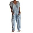 thumbnail image 1 of Levmjia Womens Jumpsuit Casual Summer Cotton V Neck Loose Fit Wide Leg Plus Size Romper with Pockets for Work Office Travel Vacation Comfortable Breathable Stretchy Outfit, 1 of 6