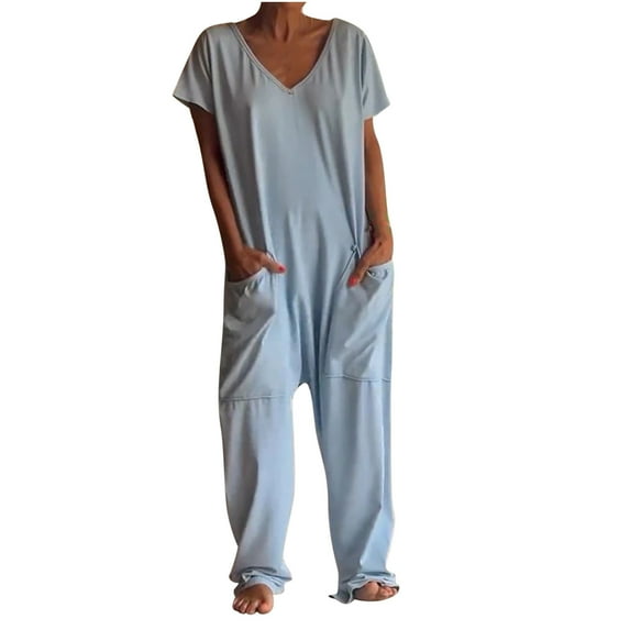 Levmjia Womens Jumpsuit Casual Summer Cotton V Neck Loose Fit Wide Leg Plus Size Romper with Pockets for Work Office Travel Vacation Comfortable Breathable Stretchy Outfit