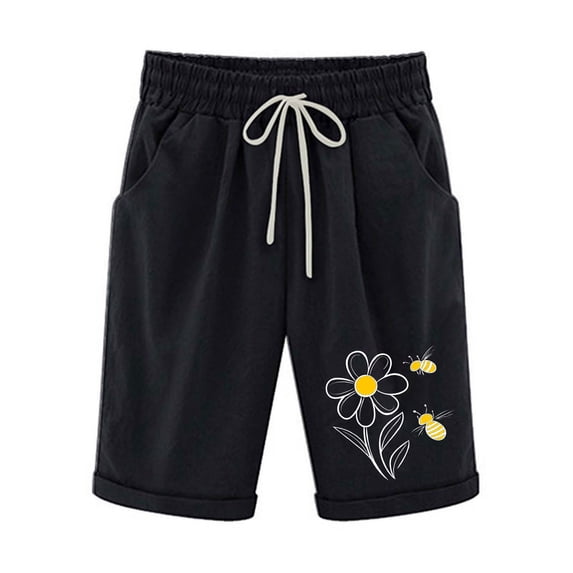 Levmjia Womens Knee Length Shorts High Waisted Elastic Shorts Casual Comfortable Printed Drawstring Pockets Summer Pajama Beach Shorts Trendy Fashion Multi Color Options