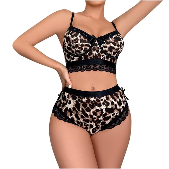 Levmjia Womens Lace Lingerie Set Plus Size Leopard Print Sheer Mesh Adjustable Spaghetti Strap Wireless Bra And Short Pant Suit For Honeymoon Bedroom Party