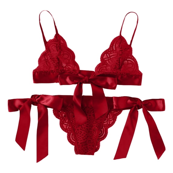 Levmjia Womens Lace Lingerie Set Sheer Mesh Bow Solid Color Adjustable Spaghetti Strap Wireless Bra And Panty Outfit Nightwear Party Daily Wear