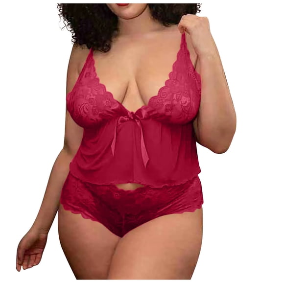 Levmjia Womens Lace Lingerie Set Spaghetti Strap Deep V Front Bow Floral Lace Bra Panty Set Soft Elastic Lightweight Plus Size Sleepwear Romantic Date Nights Solid Color