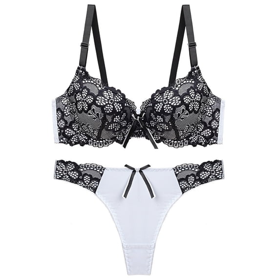 Levmjia Womens Lace Lingerie Set Underwire Bra and Matching Thong Panties With Adjustable Straps Breathable Mesh Romantic Date Night Daily Special Trendy Solid Color