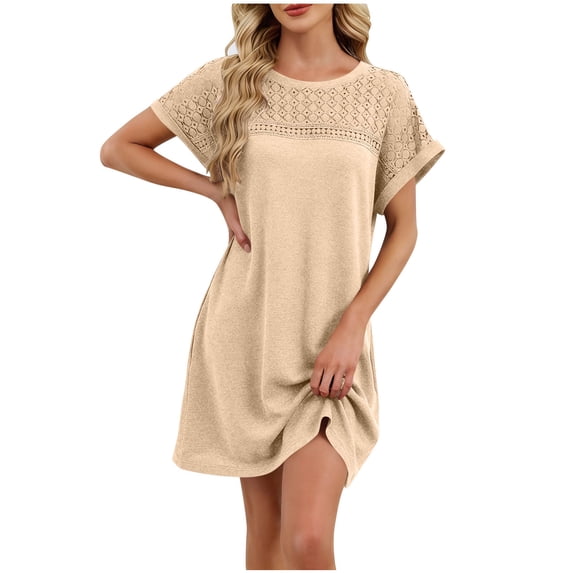 Levmjia Womens Lace Patchwork Casual Dress Short Sleeve Nightgown Round Neck Solid Color Polyester Comfortable Home Sleep Dress