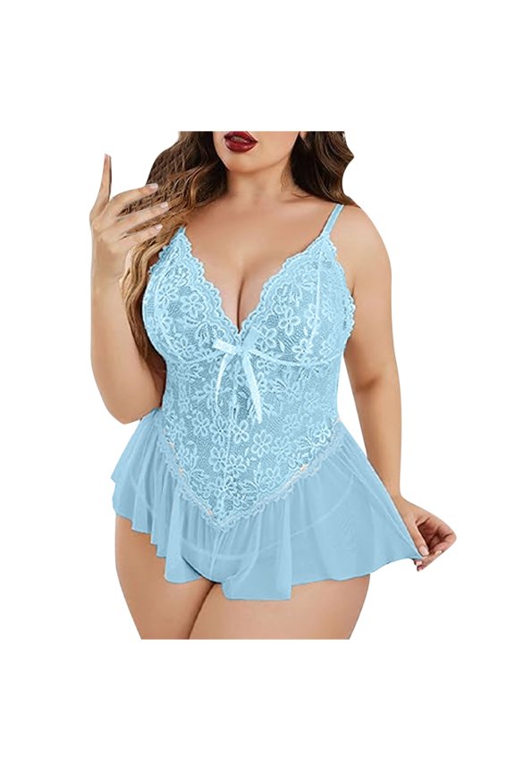 Womens Lace Sleepwear Set Deep V Neck Fashion Solid Color with G String for Honeymoon Valentines Comfortable and Breathable